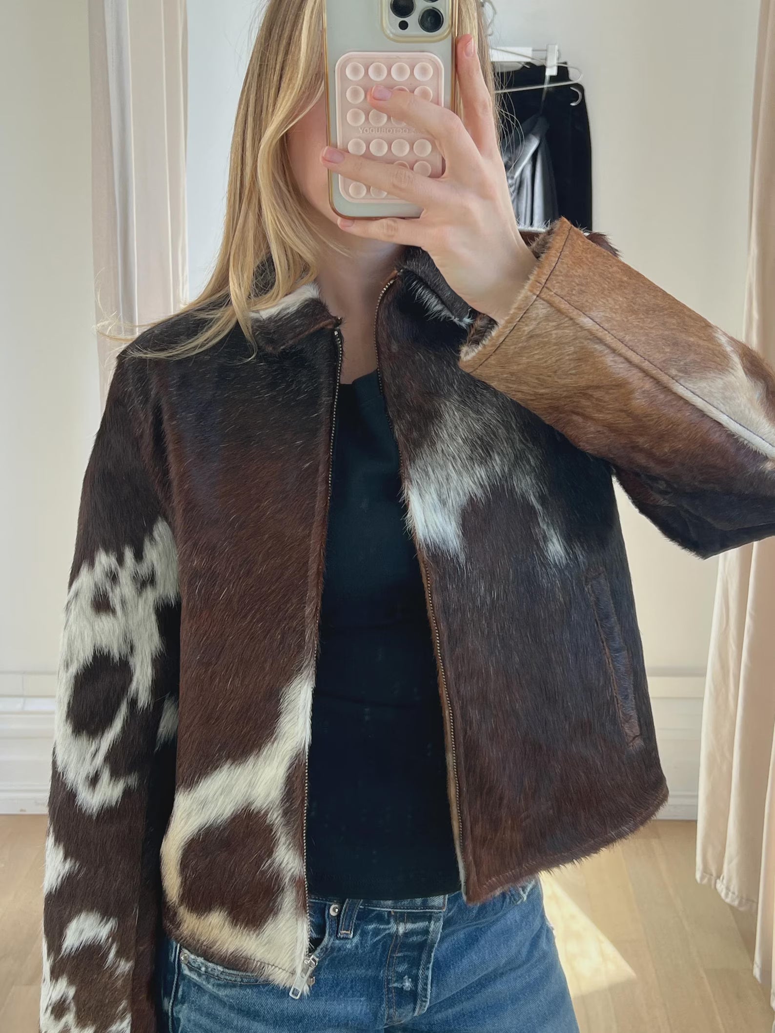 Tricolor Hair On Cowhide Print Jacket Women