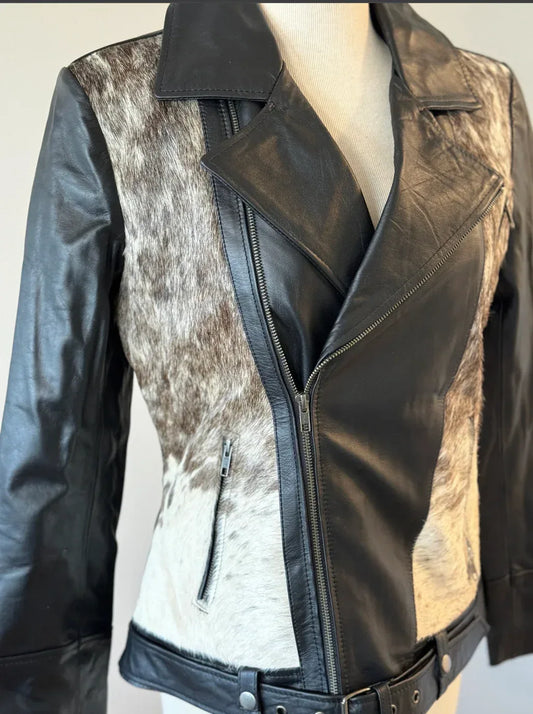 cowhide jacket women black white moto cow print leather