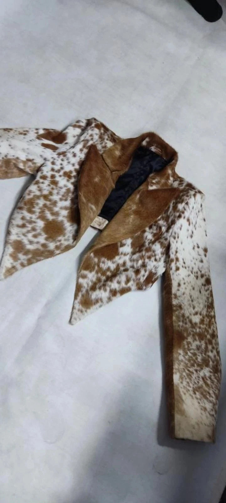 Women cowhide crop top hair on leather western jacket