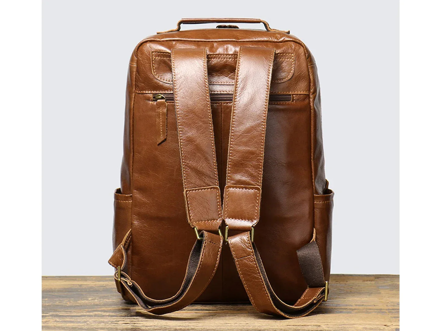 brown leather laptop backpack for office travel