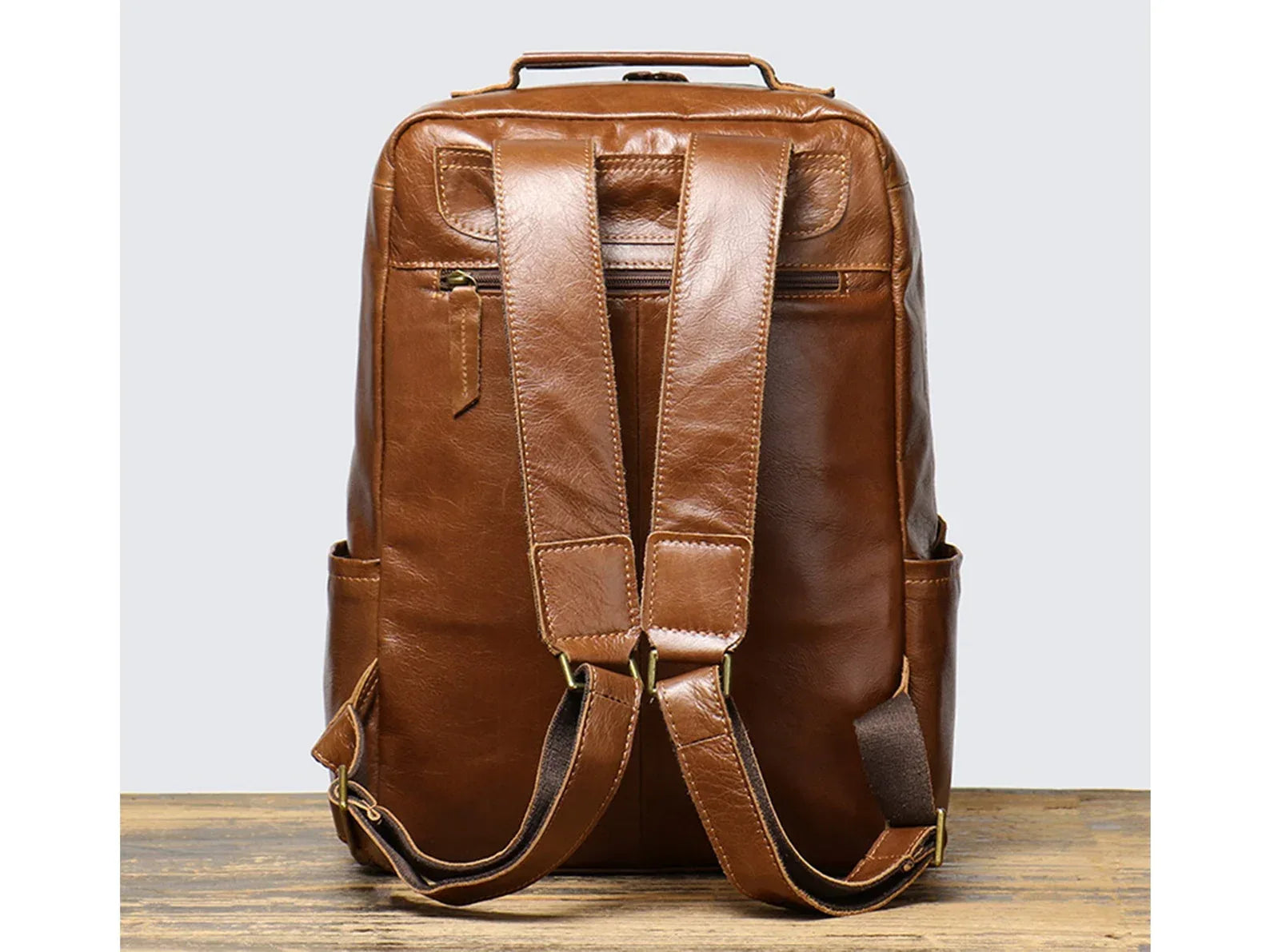 brown leather laptop backpack for office travel