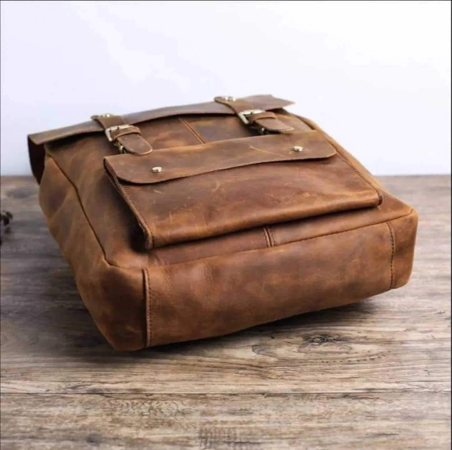 Brown cowhide leather backpack rucksack laptop travel