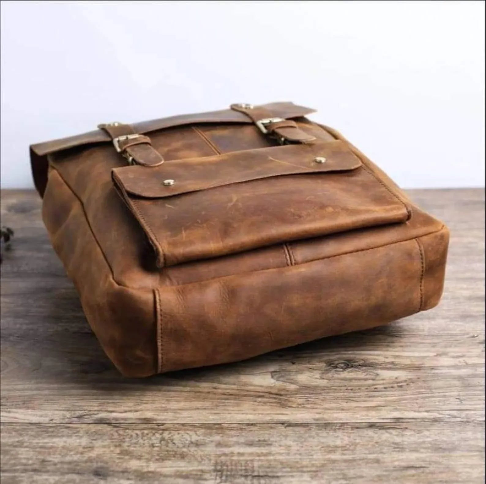 Brown cowhide leather backpack rucksack laptop travel