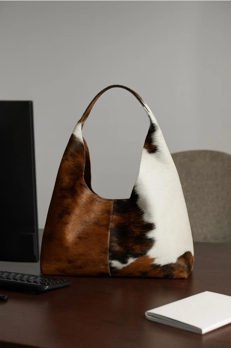 Brown white cowhide shoulder tote bag
