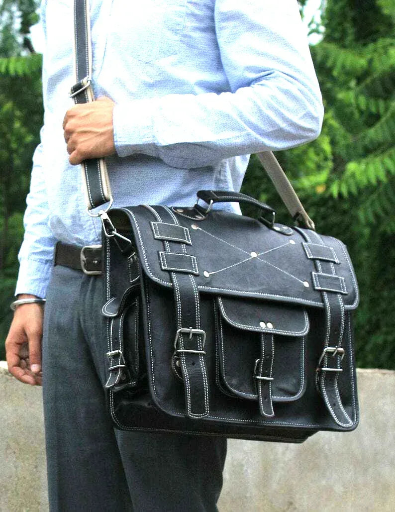 Leather Messenger Backpack Convertible Cowhide Laptop Bag