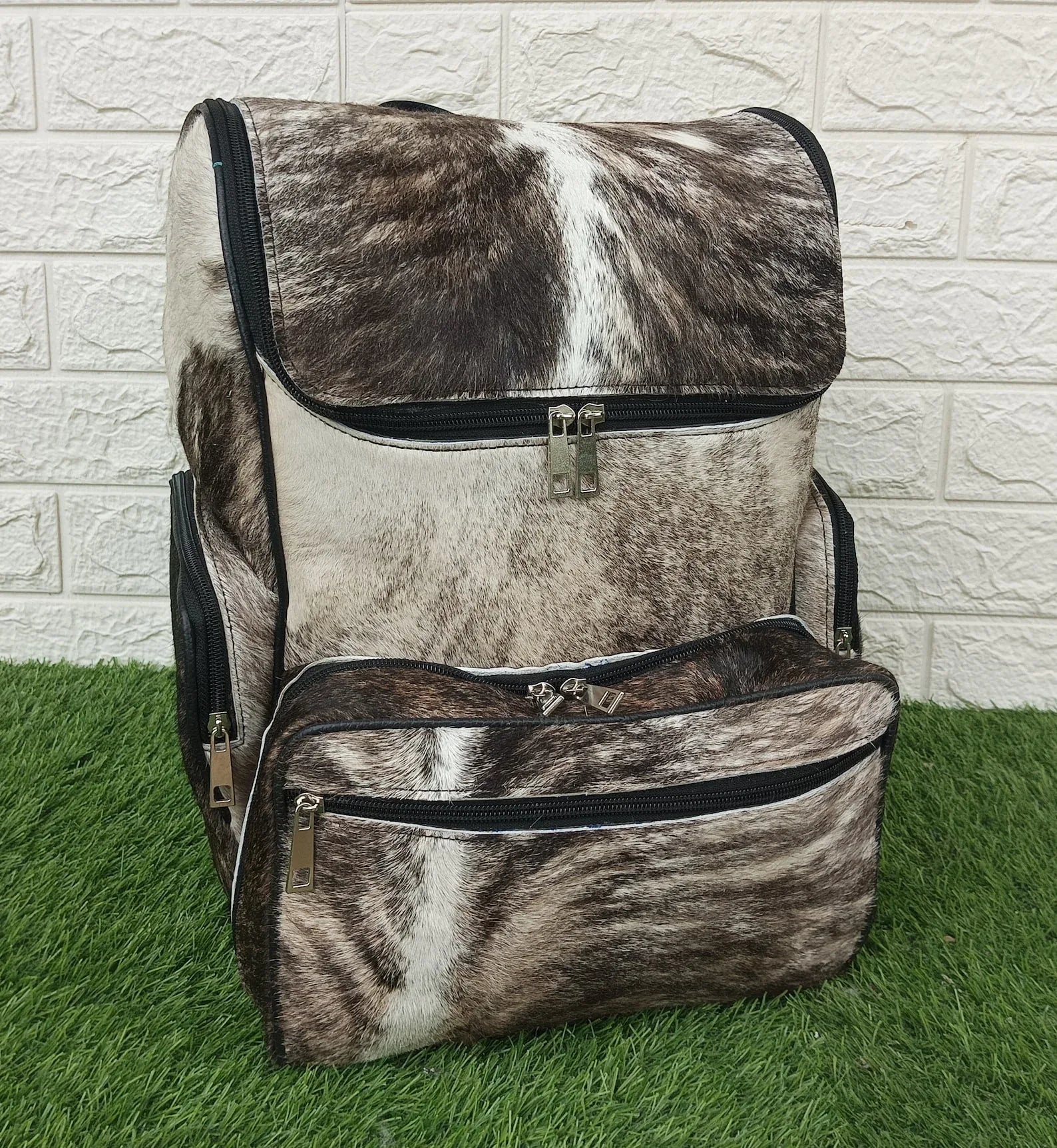 Real Cowhide Travel Backpack Grey Brindle