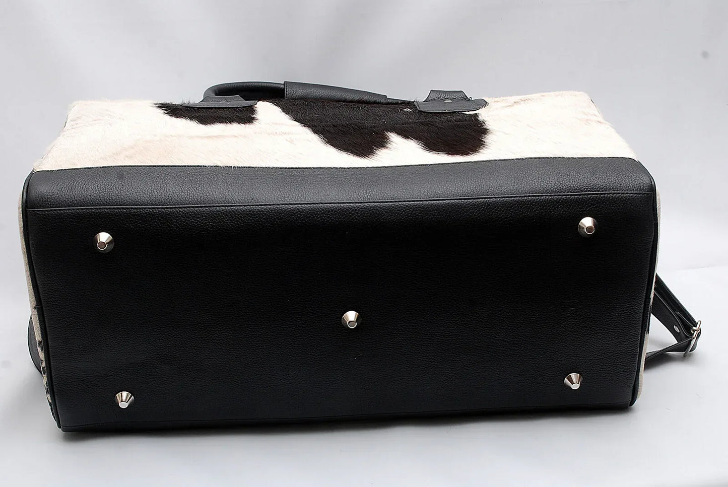 cowhide duffle bag black white hair on travel bag