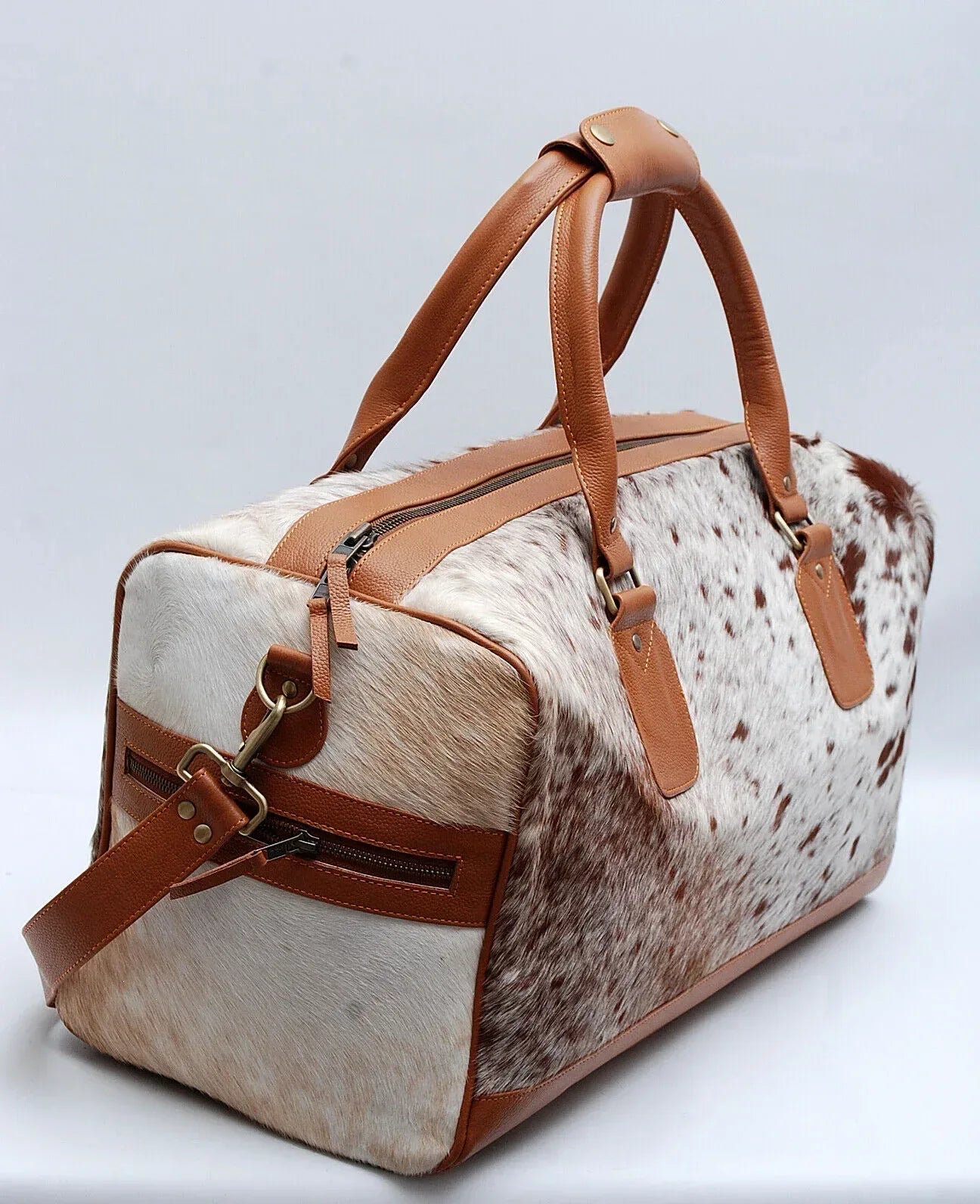 cowhide duffle bag speckled travel luggage bag