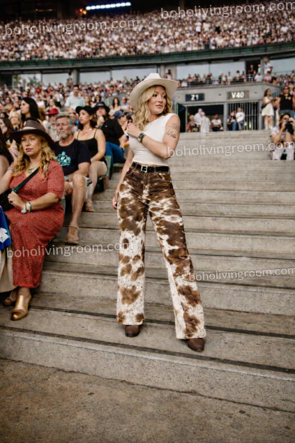 Real cowhide pants women western cow print trousers Brown White XS