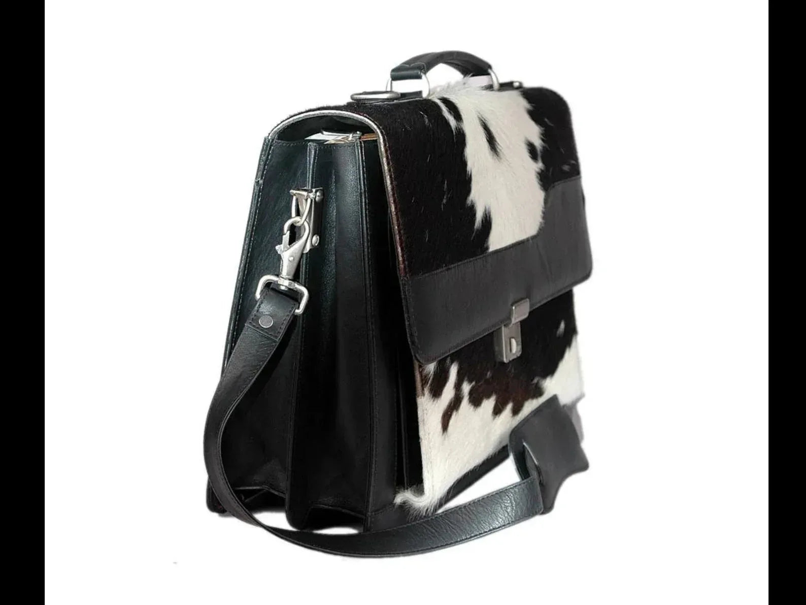 Hair on cow hide briefcase bag for office laptop carry