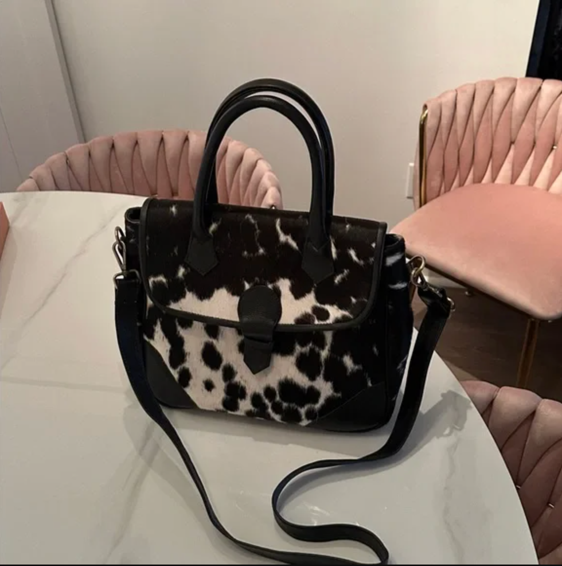 Black white cowhide purse western handbag tote for women