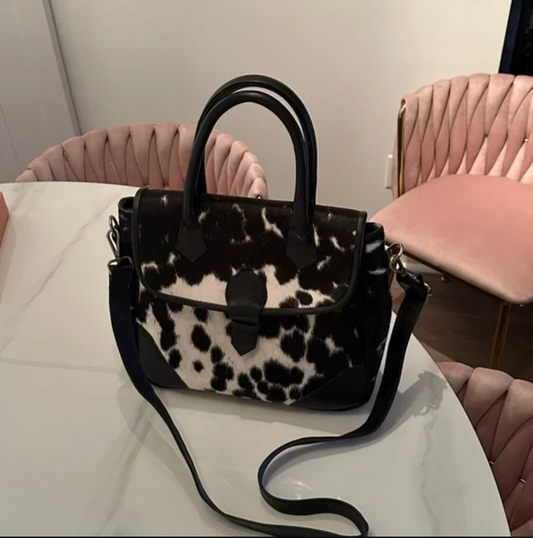 Black white cowhide purse western handbag tote for women