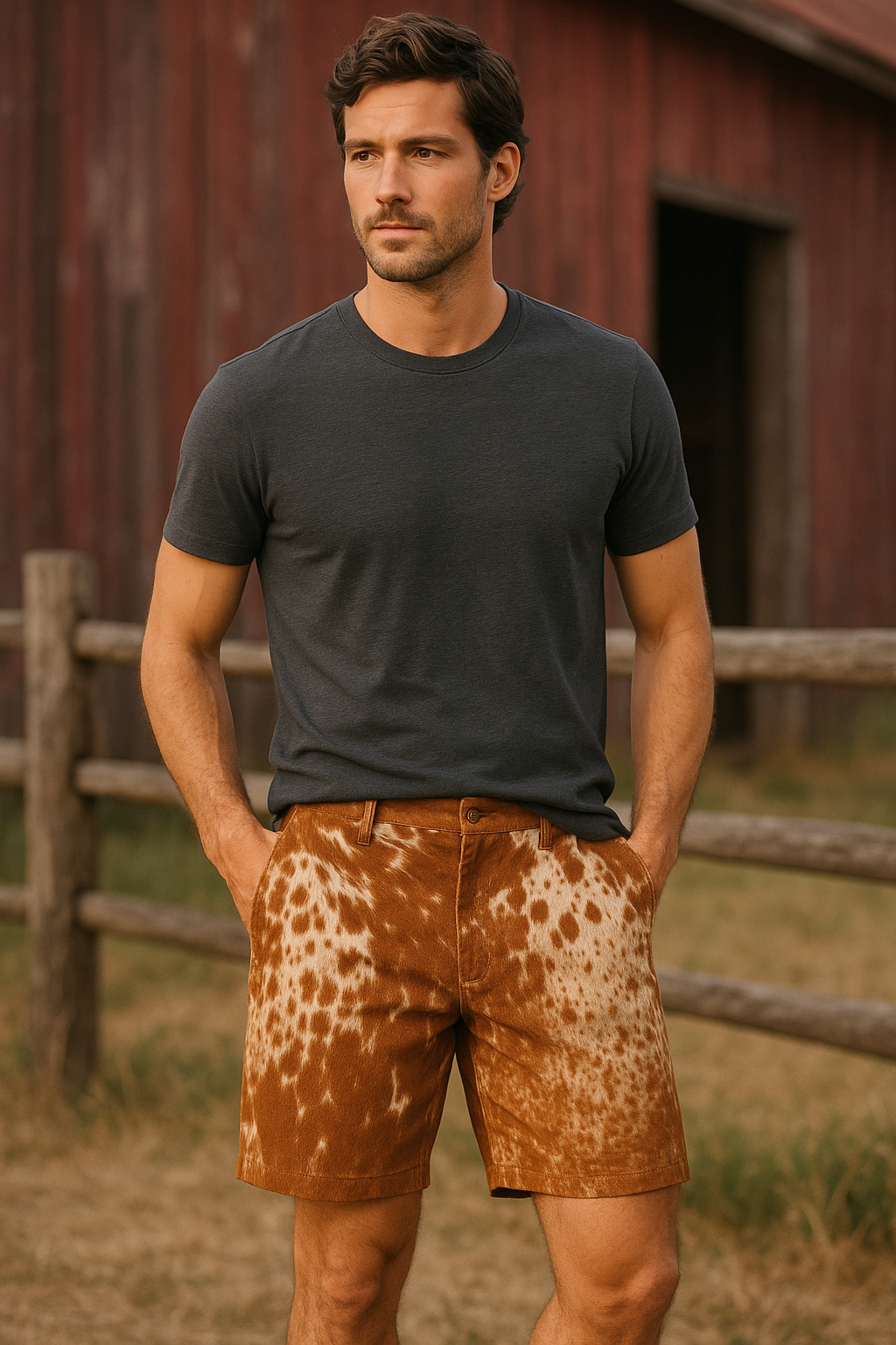 Western-inspired real cowhide shorts with black and white patches for rodeo, festivals, or country wear. Statement cow pattern design made from genuine hide.