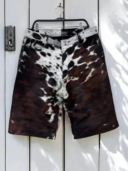 cowhide shorts men tricolor hair on leather