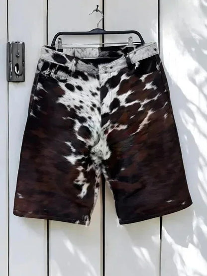 cowhide shorts men tricolor hair on leather