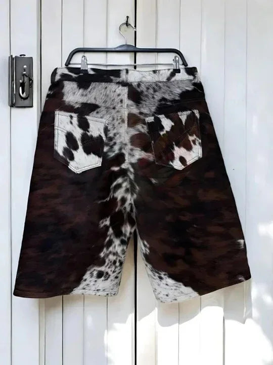 cowhide shorts men tricolor hair on leather