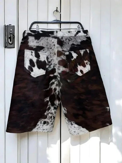 cowhide shorts men tricolor hair on leather