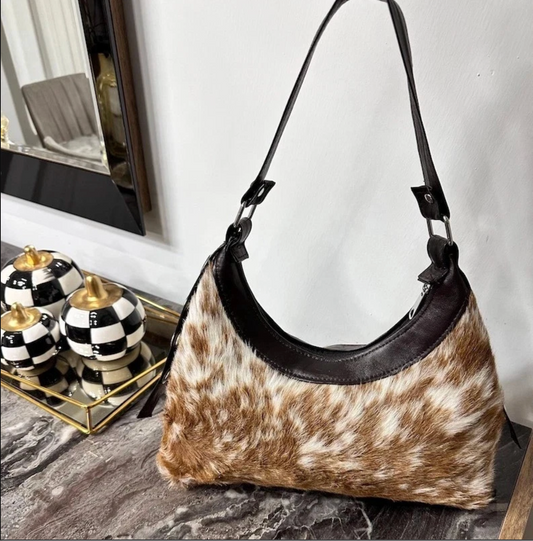 brown white cowhide shoulder bag daily wear