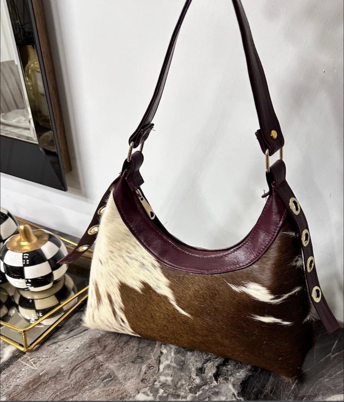 real cowhide handbag in brown and white natural