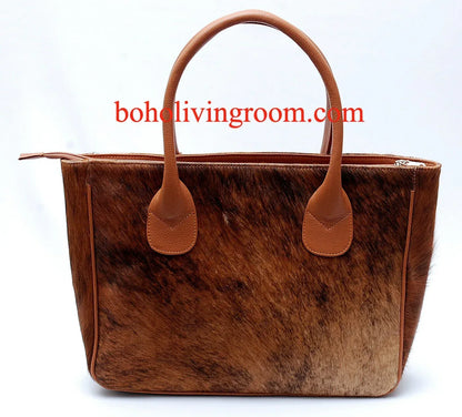 solid brown cowhide tote bag leather hair on hide handbag