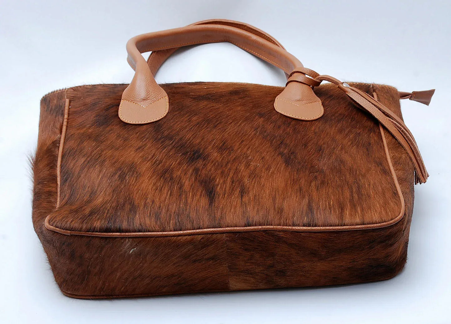 solid brown cowhide tote bag leather hair on hide handbag