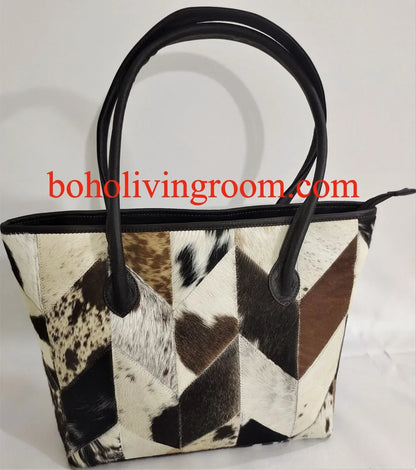 cowhide tote bag patchwork leather handbag for women