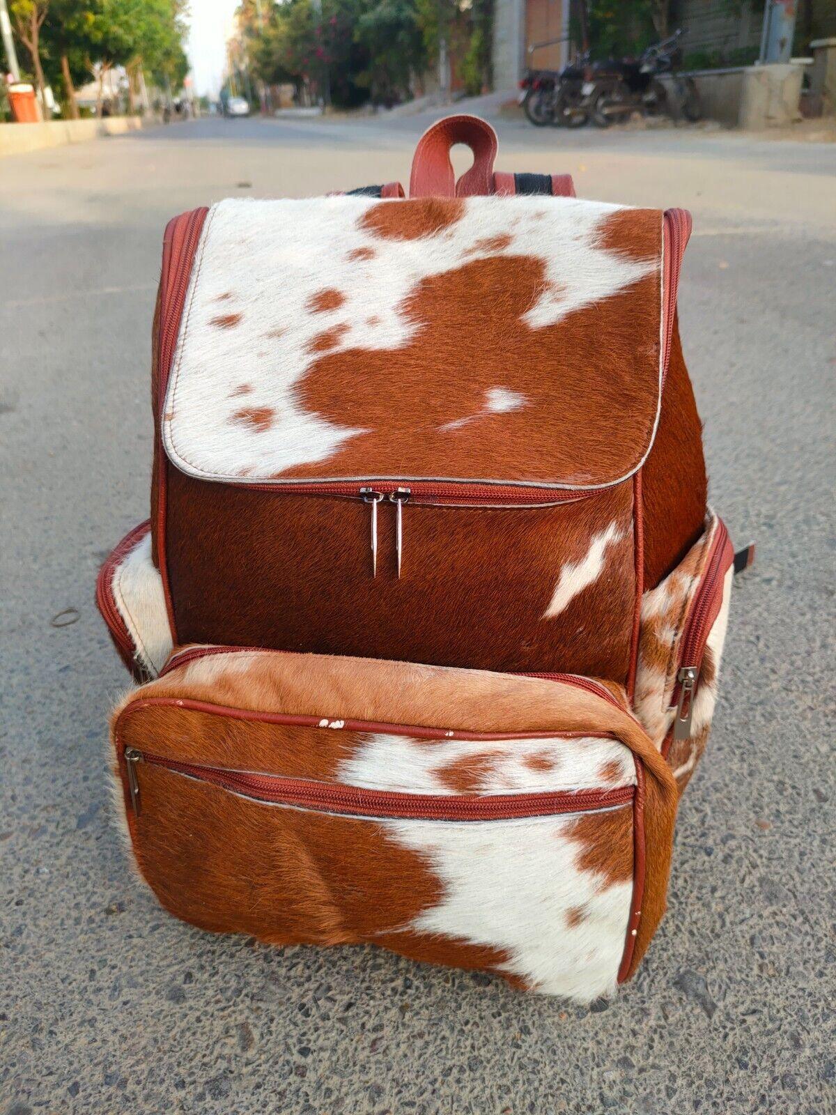 cowhide travel backpack brown white leather bag