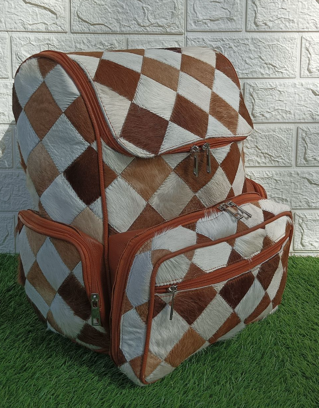 Cowhide patchwork backpack for travel and daily use 5