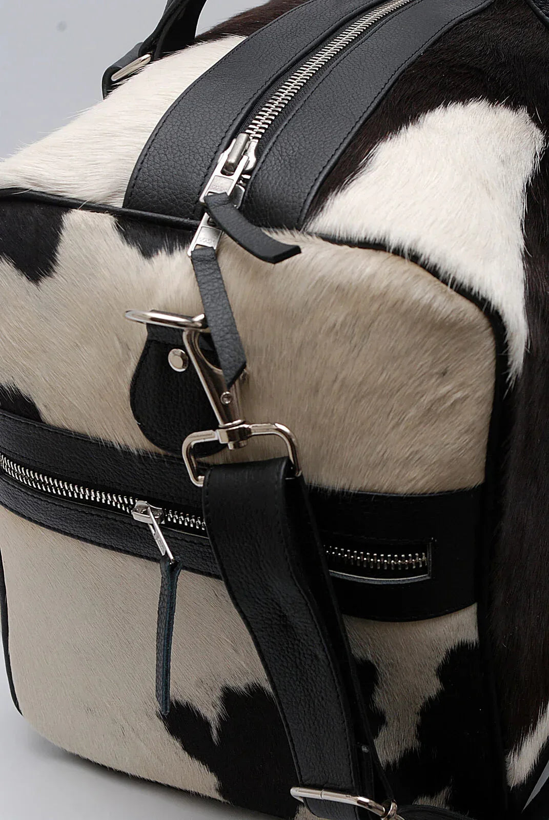 cowhide duffle bag black white hair on travel bag