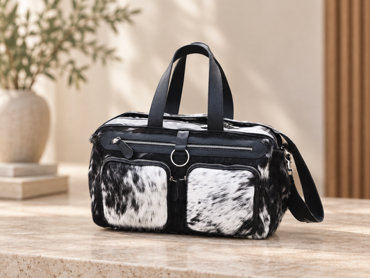 Cowhide Duffle Bag Black and White Hair-On Weekender