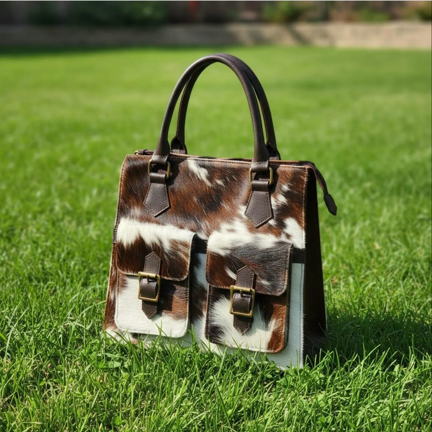 Brown white cowhide pocket tote bag