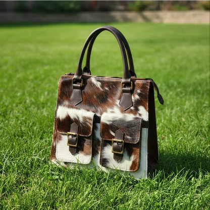 Brown white cowhide pocket tote bag