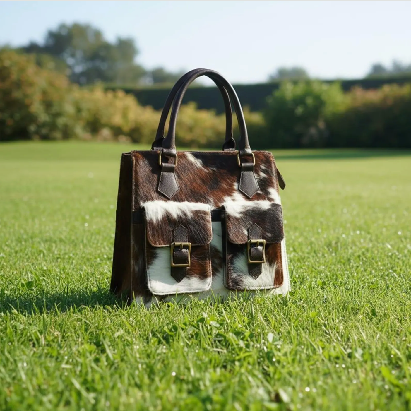 Brown white cowhide pocket tote bag