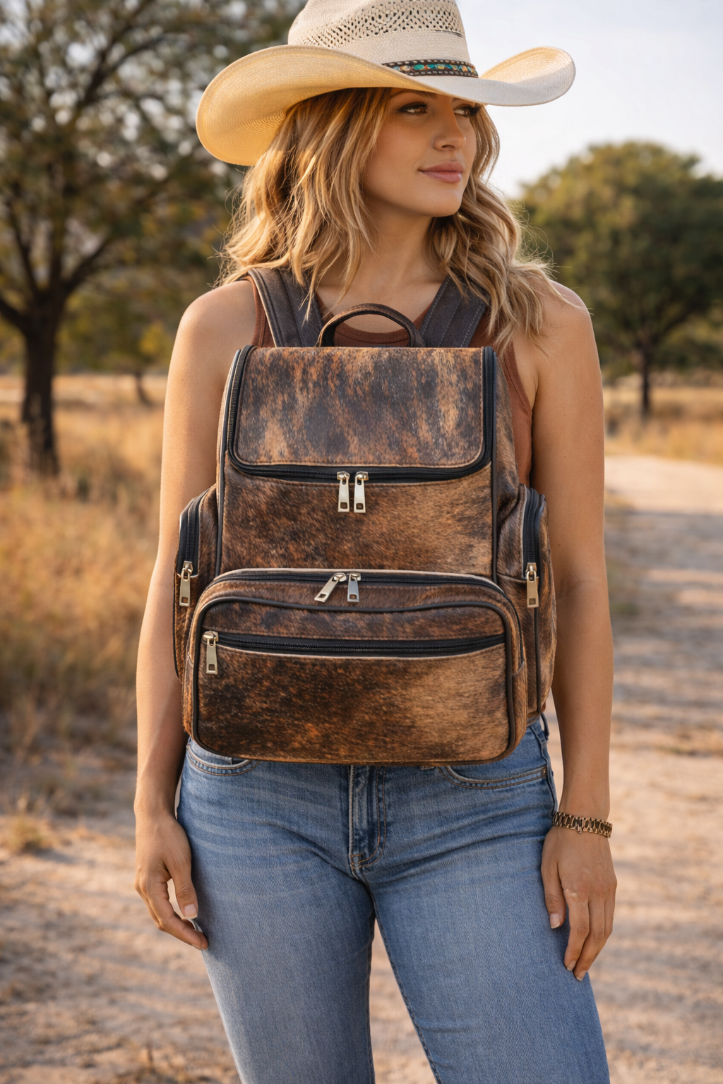 Dark brown hair-on cowhide mommy backpack