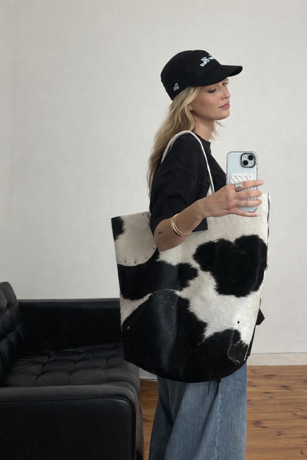 Large black white cowhide tote bag