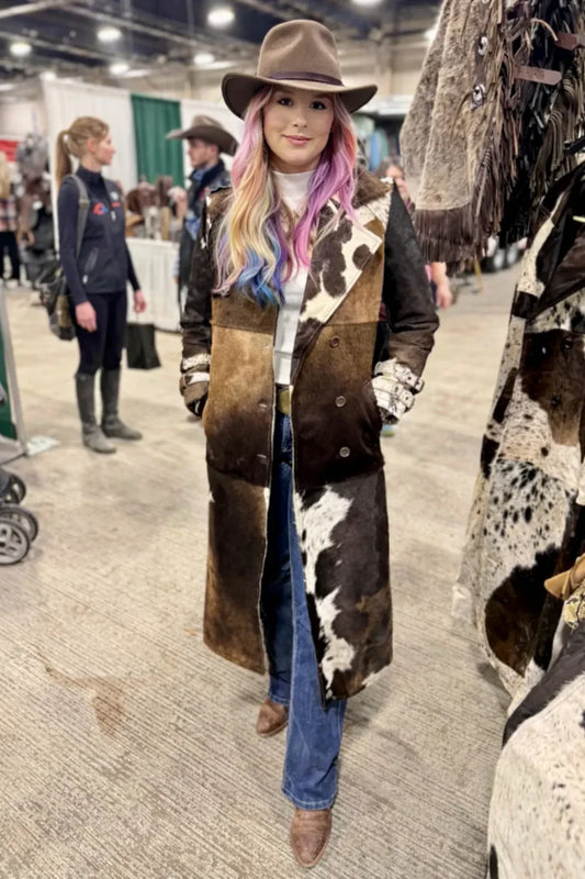 Women cowhide jacket tricolor hair on trench coat