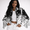 women black white cowhide jacket with fringe