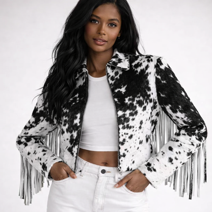 women black white cowhide jacket with fringe