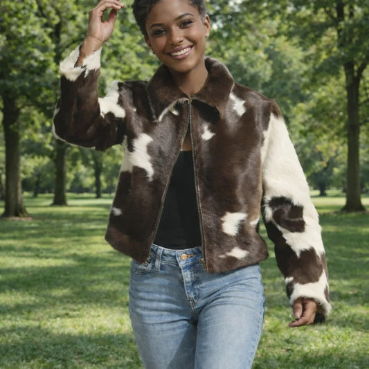 Women western hair-on cowhide leather jacket brown