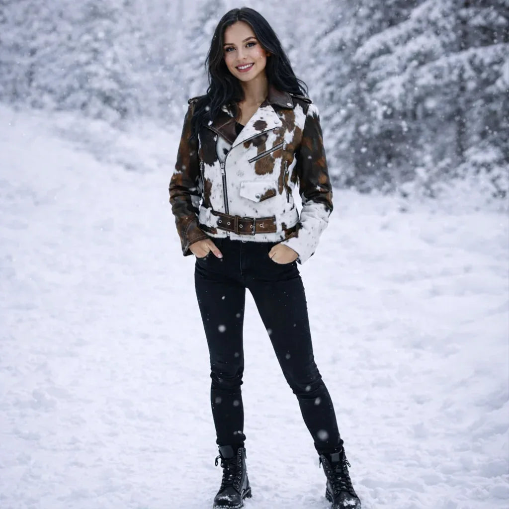 Western cowhide fur biker jacket for women western wear