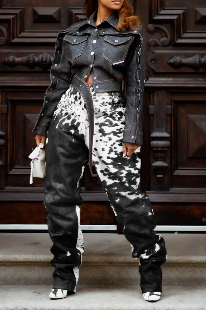 Shop bold cowhide pants for women with authentic hair-on-hide cow skin. Great for rodeo fashion, country living, and cowgirl statement looks.
