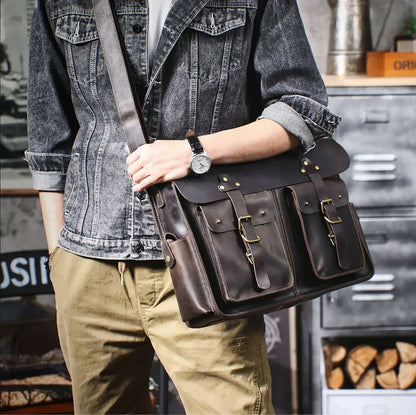 Crazy Horse Leather Messenger Bag for Men 16 Inch Laptop Briefcase