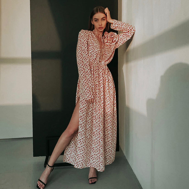 women floral midi dress v neck slit waist tie 2 S