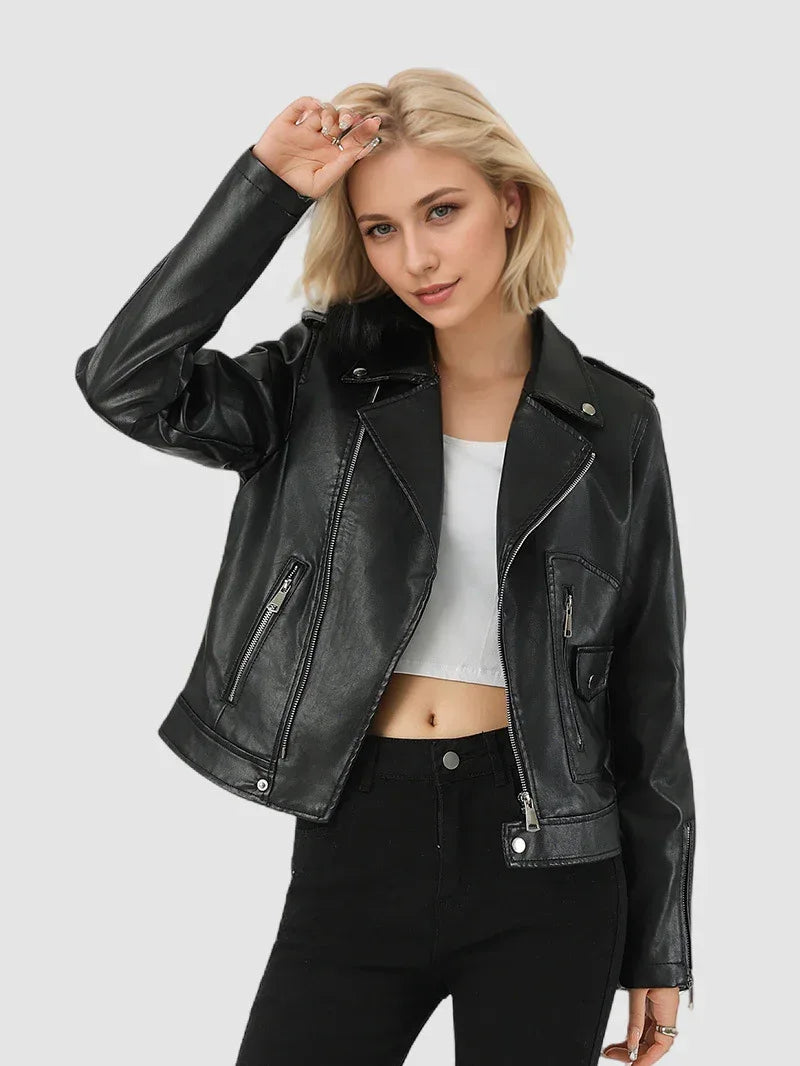 Black Faux Leather Biker Jacket Women Cropped Moto Style Fit