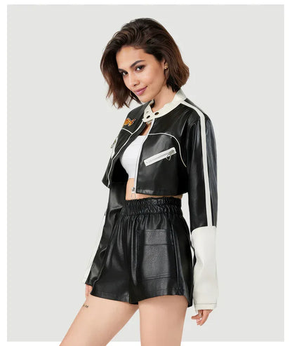 Black and White Faux Leather Jacket Women Cropped Biker Style