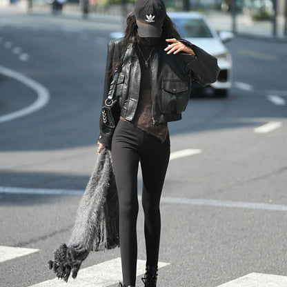 Cropped Leather Jacket for Women with Zip Front and Gathered Hem Black S