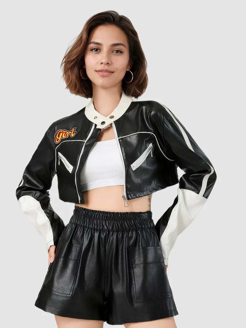 Black and White Faux Leather Jacket Women Cropped Biker Style