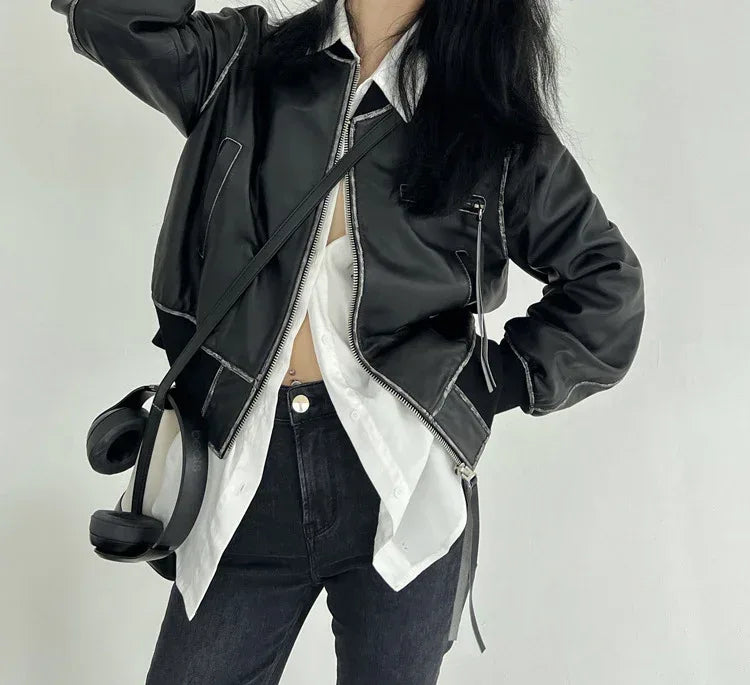 Cropped Leather Jacket for Women in Black with Contrast Stitching