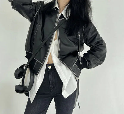 Cropped Leather Jacket for Women in Black with Contrast Stitching