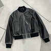 Cropped Leather Jacket for Women in Black with Contrast Stitching